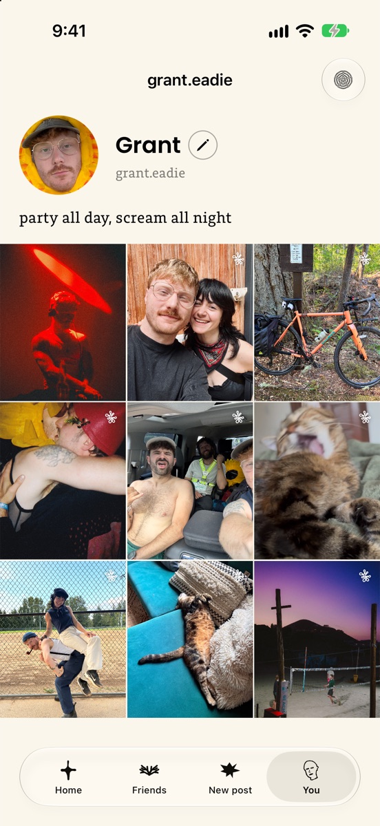 Grant’s friendos profile: his name, one line of bio, and a grid of his photos.
